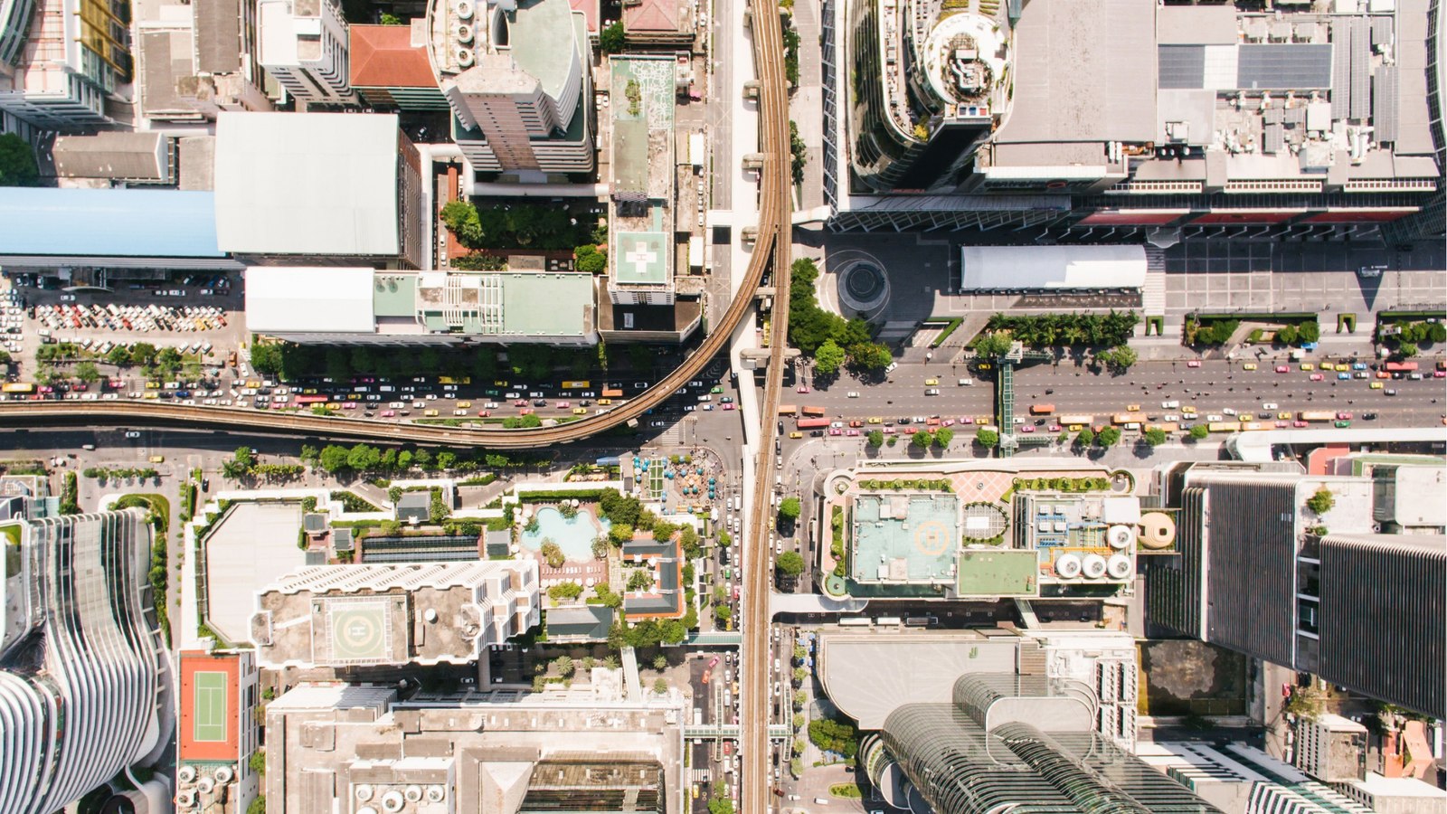 Aerial view of a Bangkok transit and road interchange, representing Thailand's digital infrastructure build-out